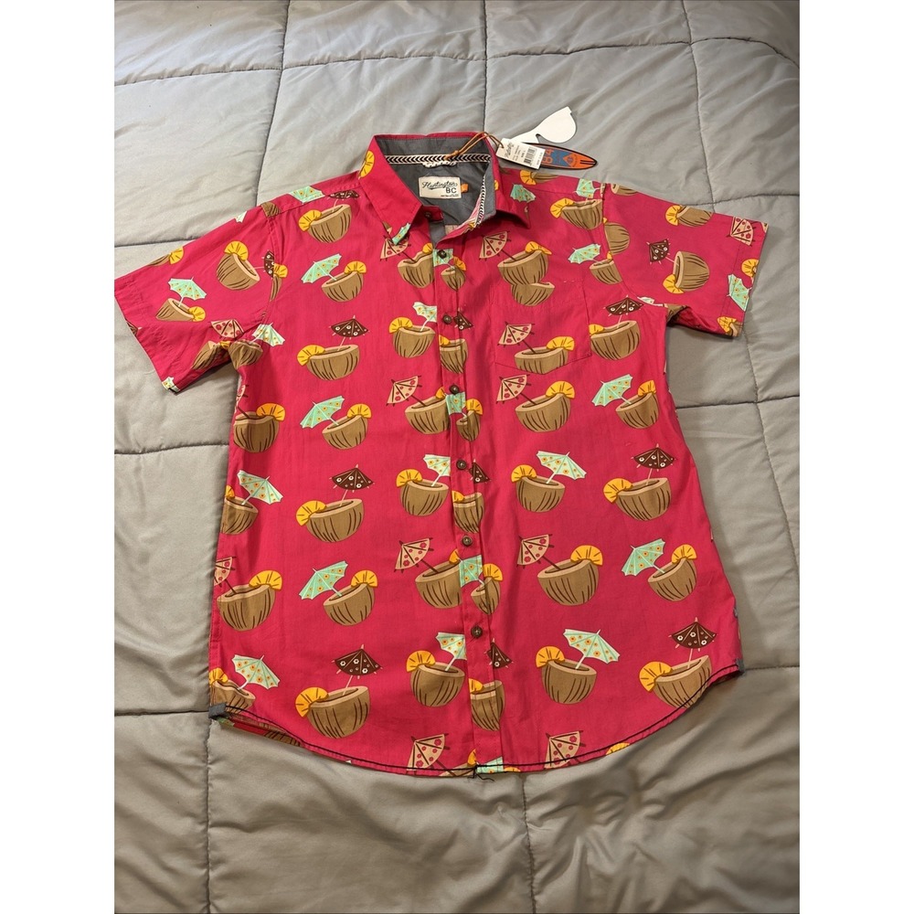 Huntington BC Shirt Mens Large Pink Coconut Aloha Tropical Hawaiian NWT